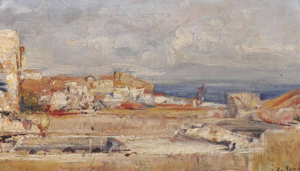 Follower of Eugene Boudin (1824-1898) French. A Village Scene with a Coast Beyond, Oil on Board,