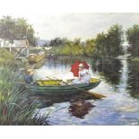 20th Century English School. A Mother and Small Boy in a Boat, Oil on Canvas, 20.5" x 25".