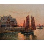 John Thery (19th - 20th Century) Dutch. A Harbour Scene at Sunset, with Shipping in the