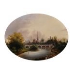 R...M...Coney (19th Century) British. A River Landscape with Figures in the foreground and a Train