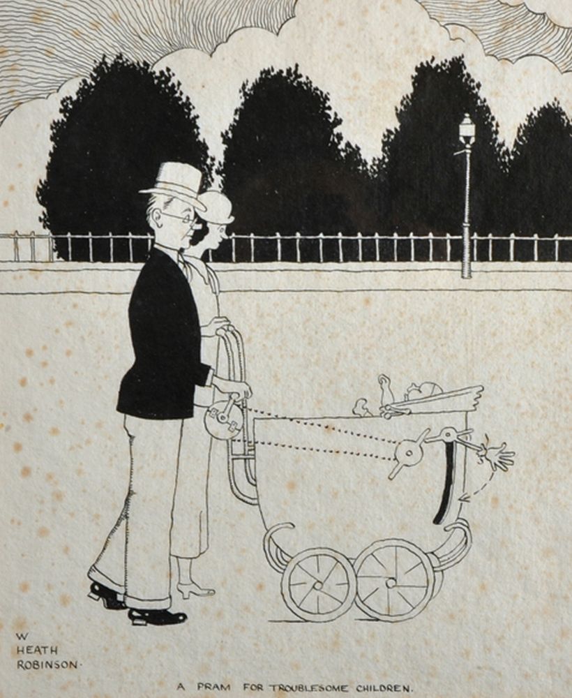William Heath Robinson (1872-1944) British. "A Pram for Troublesome Children", Ink, Signed and