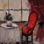 20th Century Continental School. Interior Scene with Flowers on a Table and a Red Chair, Oil on