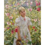 Vladimir Goussev (1957 ) Russian. Portrait of a Young Girl Standing in a Flower Garden, dressed in