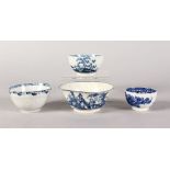 FOUR VARIOUS WORCESTER BLUE AND WHITE TEA BOWLS.