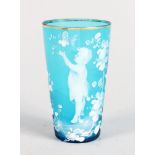 A VICTORIAN MARY GREGORY TURQUOISE TUMBLER, CIRCA. 1880, painted with a girl. 3.75ins high.