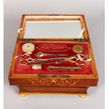 A GOOD PALAIS ROYAL ROSEWOOD INLAID SEWING BOX with brass handle, rising top, mirror in the lid