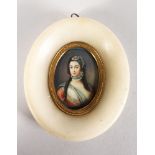 A 19TH CENTURY OVAL PORTRAIT MINIATURE OF A YOUNG LADY, in an ormolu and alabaster frame. 4ins