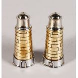 A PAIR OF PLATED LIGHTHOUSE SHAPE SALT AND PEPPER. 4ins long.