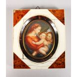 AN OVAL MINIATURE, MADONNA AND CHILD. 3.5ins x 2.5ins, in an inlaid frame.