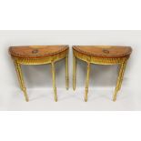 A GOOD PAIR OF ADAM REVIVAL SATINWOOD, PAINTED AND INLAID DEMILUNE CONSOLE TABLES, each decorated