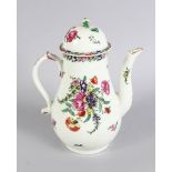 A VERY GOOD 18TH CENTURY WORCESTER COFFEE POT AND COVER, CIRCA. 1770, painted with flowers. 8.5ins