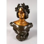 JULIEN CAUSSE (19TH-20TH CENTURY) FRENCH A TWO-COLOUR BRONZE BUST OF A YOUNG LADY, flowers in her