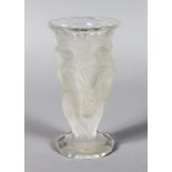 A FROSTED LALIQUE DESIGN VASE with female nudes and fruiting vines on a twelve sided circular