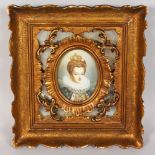 PORTRAIT OF A LADY, wearing a crown and lace ruff, Signed. 3.25ins x 2.5ins, in a gilt back mirrored