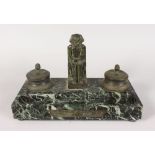 AN EGYPTIAN BRONZE AND MARBLE REVIVAL INKSTAND. 12.5ins wide.