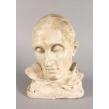 AFTER THE ANTIQUE, A PLASTER BUST OF A MAN. 11ins high.