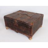 A 15TH/16TH CENTURY IRON BOUND SMALL WOODEN CHEST, with hinged lid and geometric carved decoration