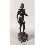 AFTER THE ANTIQUE (19TH CENTURY) A CLASSICAL STANDING MALE NUDE. 14ins high, on a marble base.