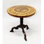 A 19TH CENTURY DUTCH MARQUETRY TRIPOD TABLE, the circular tilt top profusely inlaid with figures,