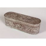 A LONG SILVER DUTCH BOX with shaped ends and hinged lid. 6.25ins long, repousse with interior