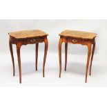 A PAIR OF FRENCH MAHOGANY AND MARQUETRY INLAID SIDE TABLES, with shaped tops, a single frieze drawer