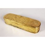 A GOOD DUTCH ENGRAVED BRASS TOBACCO BOX. 6ins long.