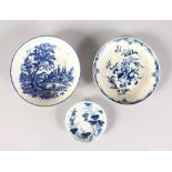 TWO VARIOUS WORCESTER BLUE AND WHITE SAUCERS, 4.75ins & 4.5ins, and A TINY DISH, with fruiting