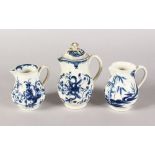 THREE VARIOUS WORCESTER BLUE AND WHITE JUGS, one with a lid.