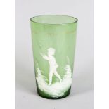 A VICTORIAN MARY GREGORY GREEN TUMBLER, CIRCA. 1880, painted with a boy. 4.5ins high.