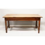 A GOOD 18TH/19TH CENTURY FRENCH FRUITWOOD FARMHOUSE TABLE, with cleated triple plank top, a drawer