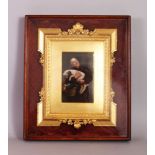 A GOOD VIENNA PORCELAIN PANEL, A MONK CARRYING A PIG 5.25ins x 3.25ins, Vienna Mark, in a gilt frame