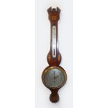 A GEORGE III MAHOGANY BANJO BAROMETER, with thermometer, the case with inlaid decoration, the