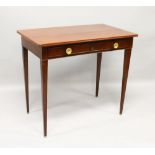 A 19TH CENTURY FRENCH MAHOGANY SIDE TABLE with one long drawer, on tapering legs. 2ft 10ins long.
