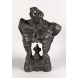 AN UNUSUAL ABSTRACT BRONZE TORSO OF A MAN. 1ft 10ins high.