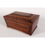 A 19TH CENTURY YEW WOOD TEA CADDY, of sarcophagus form with herringbone inlaid decoration. 13ins