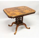 A GOOD 19TH CENTURY WALNUT AND MARQUETRY TABLE with four barley twist supports and four curving