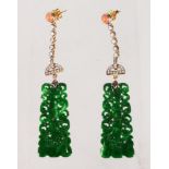 A PAIR OF 9CT GOLD AND SILVER, CORAL, JADE AND DIAMOND DROP EARRINGS.