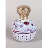 A VERY GOOD CAMEO GLASS, PINK AND BLUE SCENT BOTTLE with silver top. 5ins high.