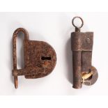 A 17TH CENTURY IRON LOCK, 6ins long, and an unusual KEY TYPE IRON LOCK, 17ins long.