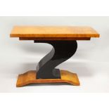 AN ART DECO DESIGN CONSOLE TABLE, with curving ebonised column support. 3ft 8ins long x 2ft 7ins