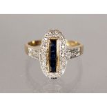 A 9CT GOLD ART DECO DESIGN SAPPHIRE AND DIAMOND RING.