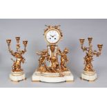 A SUPERB LOUIS XVI BRONZE AND WHITE MARBLE CLOCK GARNITURE, the clock with eight-day movement and