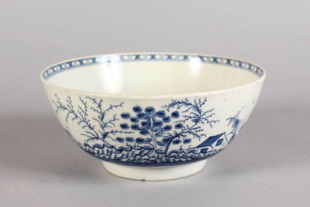 A WORCESTER BLUE AND WHITE BOWL, Crescent Mark in Blue. 7ins diameter.