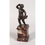 A GOOD 16TH CENTURY RENAISSANCE BRONZE PUTTI, holding a snake in its left hand, 5ins high, and