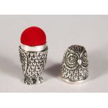 A SILVER OWL PIN CUSHION and THIMBLE CASE.