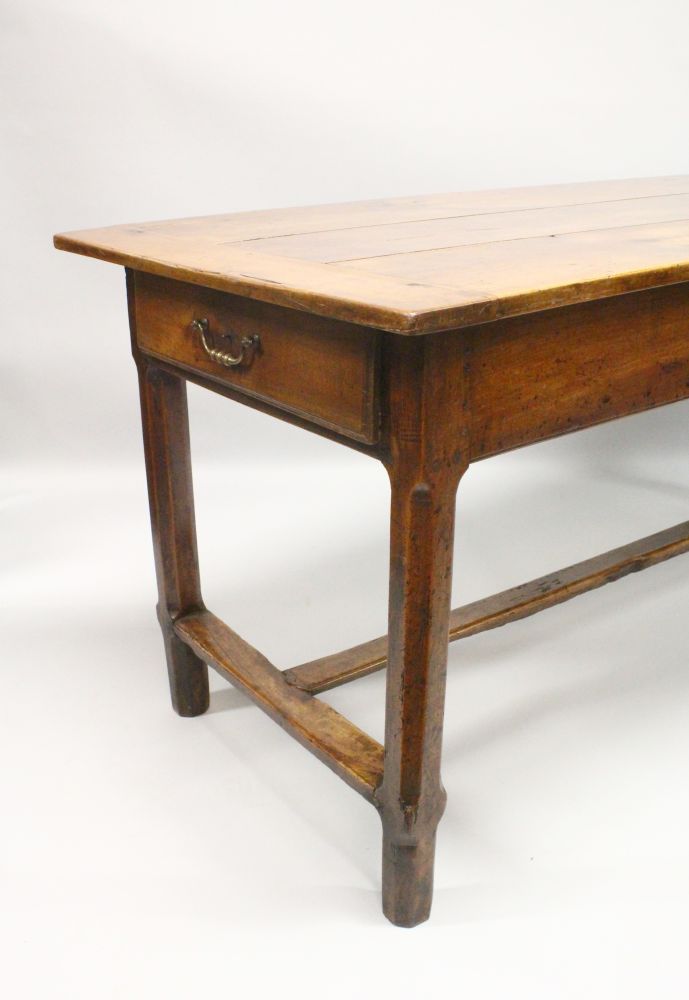 A GOOD 18TH/19TH CENTURY FRENCH FRUITWOOD FARMHOUSE TABLE, with cleated triple plank top, a drawer - Image 2 of 2