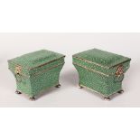 A PAIR OF GEORGIAN DESIGN PLATED SHAGREEN COVERED TEA CADDIES with lion ring handles on bun feet.