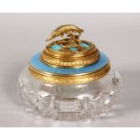A RARE RUSSIAN FABERGE STYLE CUT GLASS CIRCULAR CAVIAR BOWL with silver and enamel lid with sturgeon