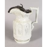 A CHARLES MEIGH APOSTLE JUG with eight apostles standing in Gothic arches with pewter lid. 10ins