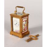 A MINIATURE PINK SEVRES PORCELAIN PANEL BRASS CARRIAGE CLOCK.